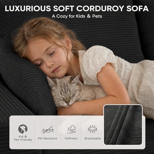 Image of Boneless Couch, 102.4 inch Sectional Couches for Living Room with L Shape Sofa | Cloud Couch Sectional with Chaise, Modular Cloud Sofa with Deep Seat, No Assembly, Black, Corduroy, Right Chaise
