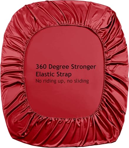 Image of Soft and Silk Satin Fitted Bedsheet for King Size 72X78 +12 in - Elastic Fitted Sheet 400 TC Hotel Collection for Bedroom | Fitted Sheet with Pillow Cover - Burgundy, King Size