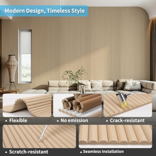 Image of Art3d Roll-Flat Beaded Wood Slat Wall Panel, 2-Pack, 94.5 inch x 23.6 inch, Ashtree