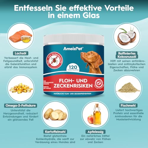 AmeizPet Floh Und Zeckenschutz Für Hunde, Zeckenschutz Hund, Anti Floh Hund Verstellbar Floh-Und Zecken Prävention, Verdauungsenzyme Für Alle Rassen Geeignet, 120 Hunde Leckerlis, 270g (9.5 Oz)