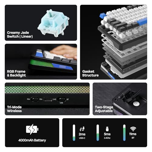 Image of EPOMAKER TH85 QMK /VIA Wireless Gaming Keyboard, BT5.0 /2.4GHz /USB-C, Hot Swappable Pre-lubed Custom Creamy Jade Linear Switches, Gasket Creamy Keyboard for PC /Mac /Office /Gaming (Black&White&Blue)