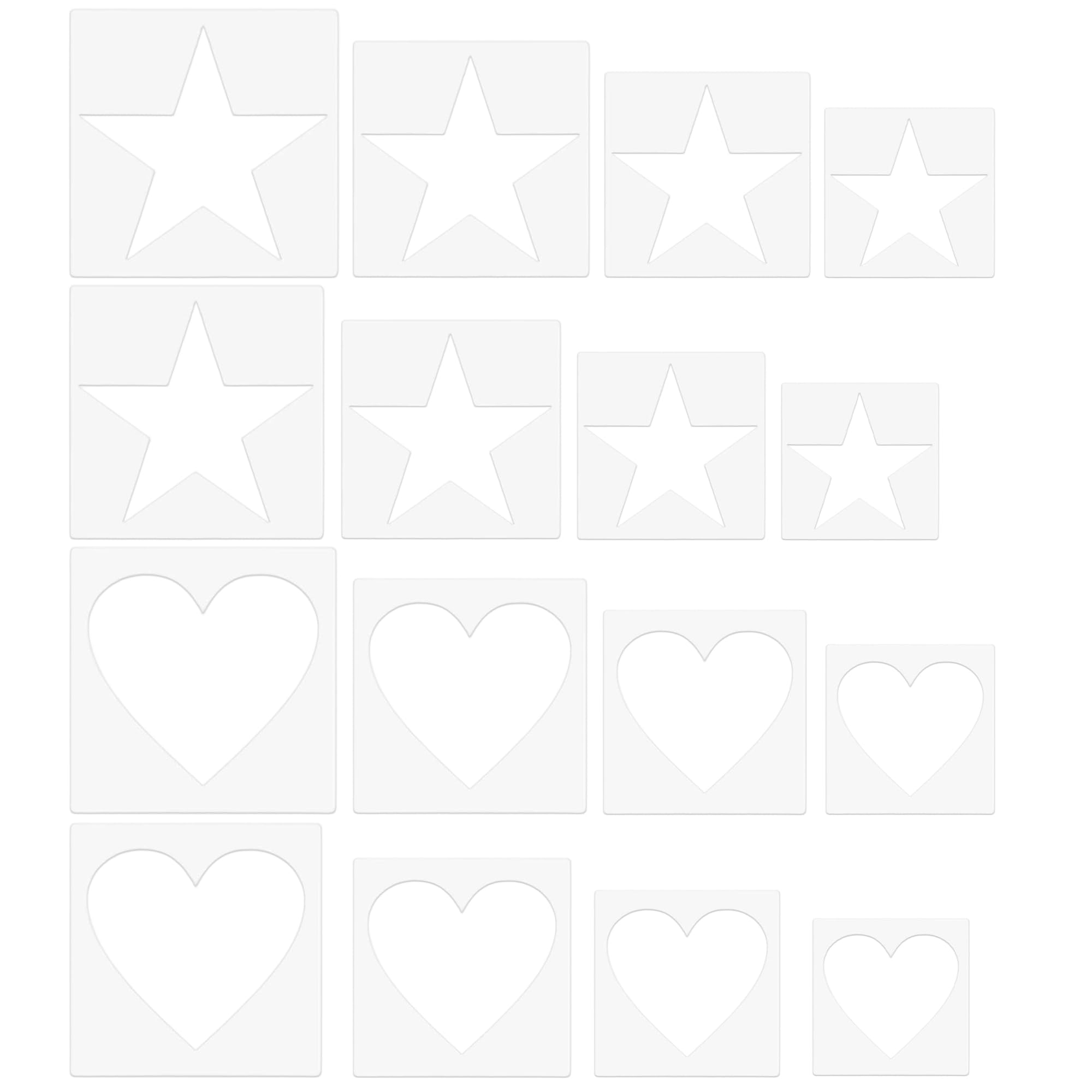 Large Template 16 Piece Set, Stencils for Crafts Reusable, Contains 8 Heart Stencils and 8 Star Templates of Different Sizes, Plastic Stencil for DIY Wallpaper Fabric and Home Decoration