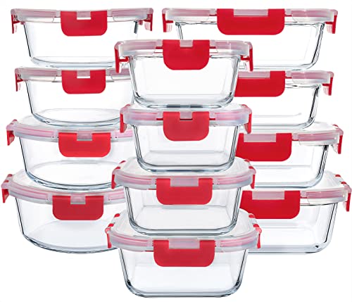 Image of M MCIRCO 24 Piece Glass Food Storage Containers with Lids, Red | Glass Meal Prep Containers,Airtight Lunch Containers with Lids, Microwave, Oven, Freezer and Dishwasher Friendly, BPA Free