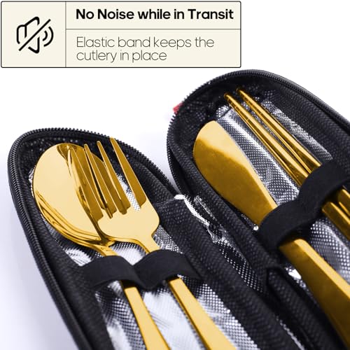 Image of Travel Utensils with Case, Quatish Portable Silverware Set for Work, Stainless Steel Reusable Travel Cutlery, Fork and Spoon Set for Camping, Picnic, Gadgets, Lunch Box for Men, Christmas Gift, Gold