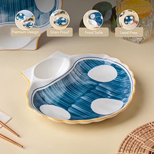 Image of Nestasia Set of 2 Ceramic Shell-Shaped Snack Plate with Dip Section for Chutney | Microwave & Dishwasher Safe Starter Plates | Perfect for Fries, Momos, Sushi, Kebab (White & Blue)