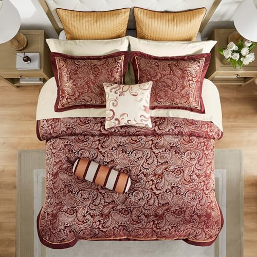 Image of Madison Park Aubrey Cozy Comforter Set, Faux Silk Jacquard Paisley Design - All Season Down Alternative Bedding with Cotton Bed Sheets, Bed Skirt & Toss Pillows, California King Red 12 Piece