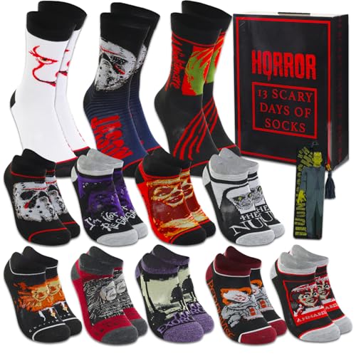 WARNER BROS PICTURES Horror Movie Socks Set - 13 Pair Bundle Featuring Pennywise, Friday the 13th, Annabelle & More - Unisex Adult Socks - Multicolor - Size 4-10 - Polyester - Machine Wash - 13 Count