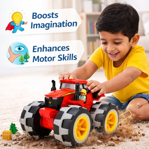 Image of Monster Tractor Toy for Kids | Friction Powered Truck with Lightning LED Wheels | Big Wheel Farm Vehicle Toy | Durable Outdoor & Indoor Toy Gift for Boys & Girls Age 3+