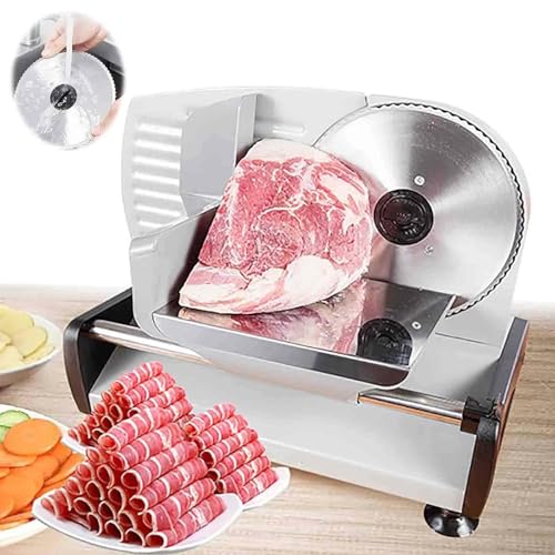 Cortafiambres eléctrico 200W | Cortafiambres Comercial con Dos Cuchillas de 19cm | Espesor Ajustable 0-15mm | Empujador de Alimentos para jamón, Queso, Pan | Cortafiambres Profesional de Cocina