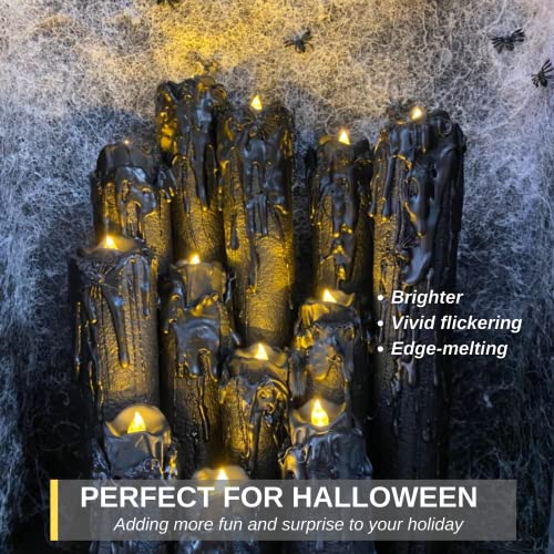 Image of Homemory 24-Pack Halloween Black Dripping Flameless Tea Lights, Battery Operated Flickering LED Candles, Safe for Pumpkins, Party & Holiday Decor, 1.58 inch D x 1.2 inch H, Warm White Glow