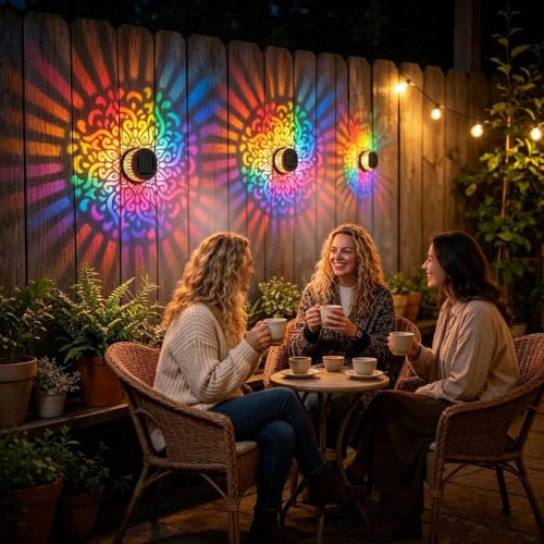 Image of Solar Mandala Lights Outdoor Wall, 7 Color Changing Solar Projector Light, Waterproof Metal Decorative Light for Garden Fence Patio (3)