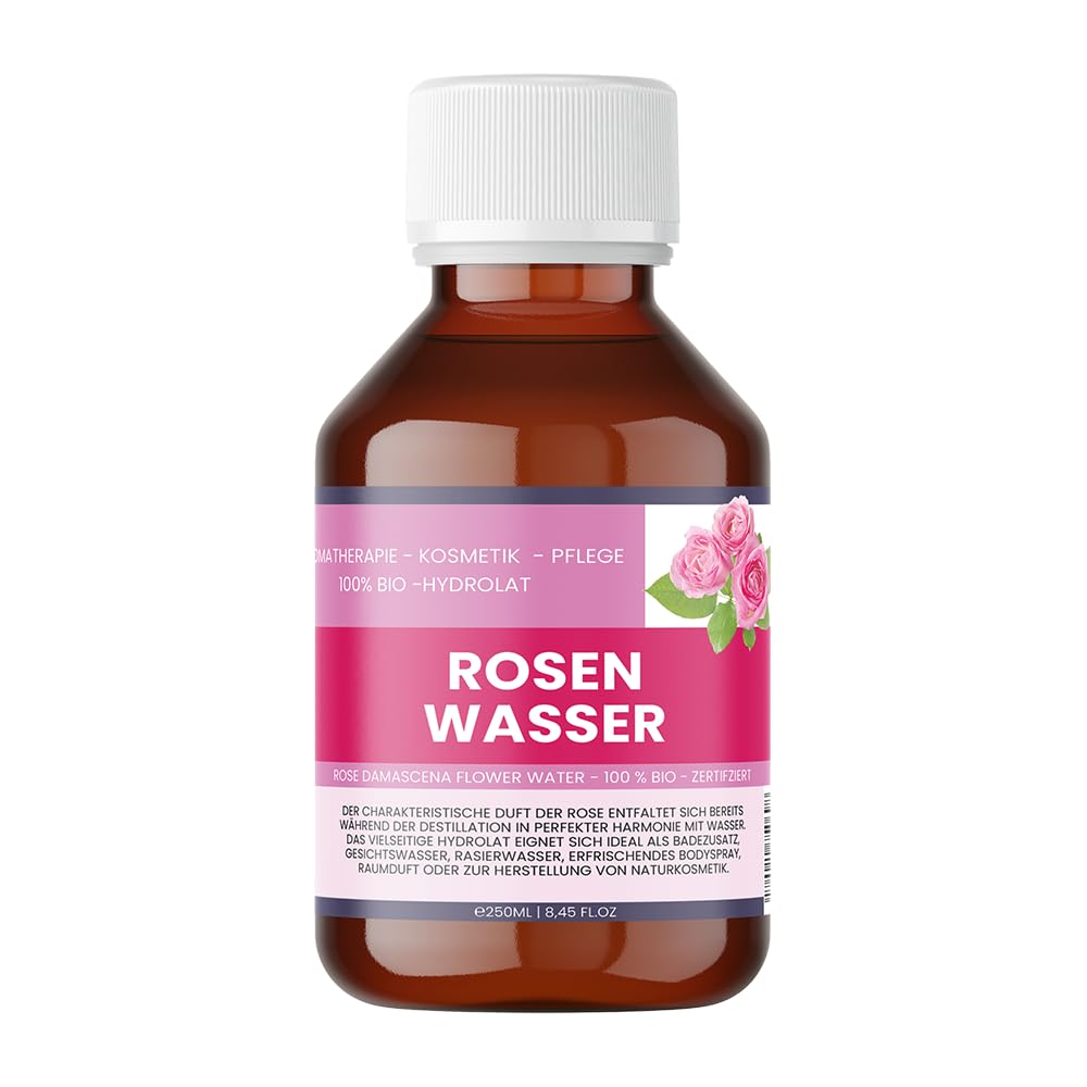 Acqua di rose biologiche 250 ml – 100% pura rosa Damascena idrolato per viso, capelli e cosmetici fai da te – Organic Rose Water – Nakobe