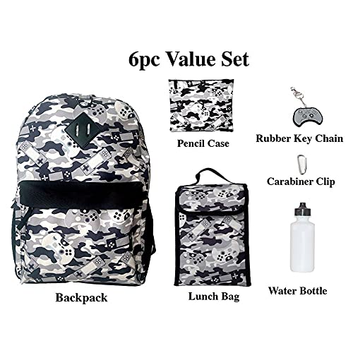 Ralme Grey Gaming Camo Backpack Set For Boys & Girls, 16 Inch, 6 Pieces - Includes Foldable Lunch Bag, Water Bottle, Key Chain, & Pencil Case #TOP1