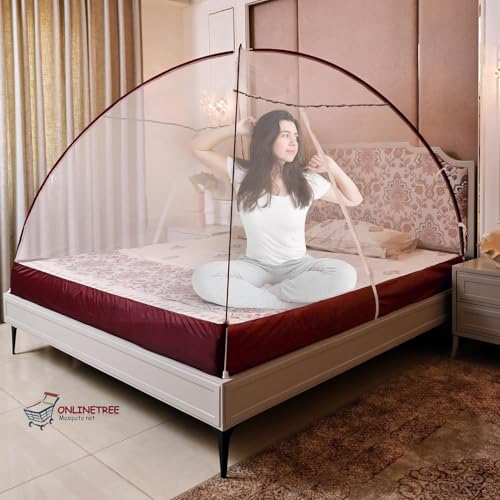 Image of Mosquito net for King Size Bed | Mosquito net Double Bed | Bed Queen Size Foldable Machardani | Polyester 30GSM Strong Net | PVC Coated Corrosion Resistant Steel Wire - Maroon