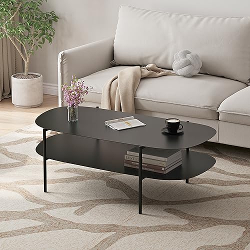 [en.casa] Table Basse de Salon Table d'Appoint pour Salle de Séjour Petite Table en Forme Ovale avec Étagère Acier 112 x 62 x 41 cm Noir Mat