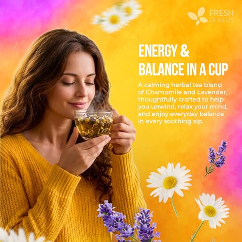 Image of FreshDrinkUS, Premium 60 Chamomile Lavender Tea Bags, Calming Herbal Blend Strong Support for Relaxation & Better Sleep | Naturally Caffeine-Free Bedtime Tea with Soothing Floral Aroma, 100% Natural, Hand-made No Sugar / Caffeine / Gluten, Vegan