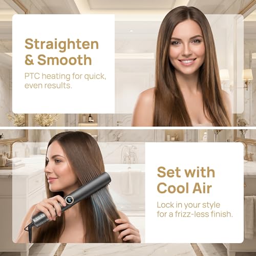 Cepillo alisador profesional iónico con aire caliente - Alisador para cabello de calentamiento rápido con función de aire frío, enchufe UE, pantalla LCD y protección contra quemaduras - Negro miniatura 2