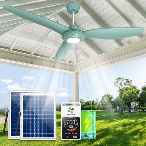 ecoCalm Outdoor Ceiling Fan Light for Gazebo with Battery, 52' Solar Ceiling Fan with Adjustable Thermostat & 2pcs 30W Bifacial Panels for Patios, Porch, Barn, Shed