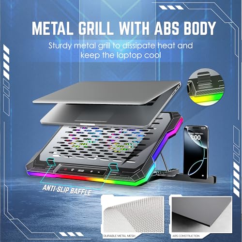 Image of CLAW Wind Pro K6 Laptop Cooling Pad with Display & 2x120mm Magnetic Removable Fans, 3600RPM Cooling, 8-Level Adjustable Height, 10 RGB Modes, USB & Type-C Ports, Metal+ABS Build, 10-19 inch Laptops