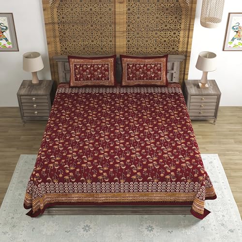 Image of BLOCKS OF INDIA Hand Block Printed 200 TC Cotton Super King Size Bedsheet(106 x 106) | Pack of 1, Batik Maroon