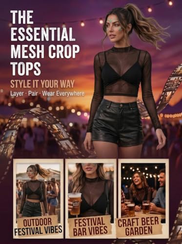 Mesh Crop Tops for Women Long Sleeve Mock Neck Sexy Cropped T Shirts for Punk Rock Outfits Sheer Black Top Womens Y2K Goth Halloween Shirts for Women See Through Top(US,Alpha,Large,Regular,Black) - image 2
