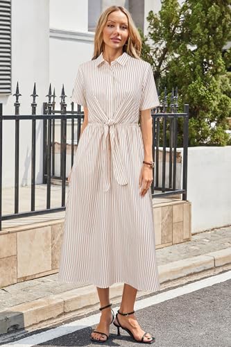 Image of Newshows Women's Work Business Casual Outfits Tie Waist Midi Shirt Dress | Lightweight & Breathable Easy-care Fabric, Side Pockets, Decent Professional Attire, Church Office Funeral Outfits