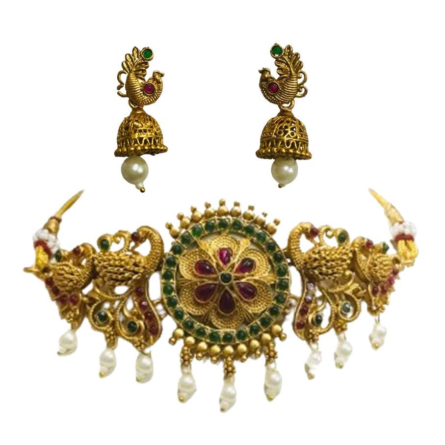 Sattyaki South Indian Goddess Pendant pearl & ruby studded artificial temple jewellery With Maching Earrings For Women & Girls Flower & Peacock Choker Set (B0CWY6M2T9) Amazon Price History, Amazon Price Tracker