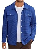 COOFANDY Men Button Down Jacket Solid Plaid Jacquard Shirt Jackets Fashion Shackets Fall Overshirts Outwear Blue Large