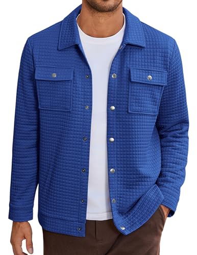 COOFANDY Men Button Down Jacket Solid Plaid Jacquard Shirt Jackets Fashion Shackets Fall Overshirts Outwear Blue Large