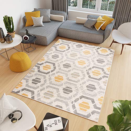 Tapiso Cosmo Alfombra de Salón Comedor Juvenil Diseño Moderno Gris Amarillo Crema Geométrico Hexágono Suave 200 x 300 cm