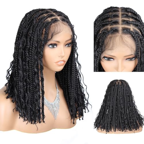 POUWENEY 13x8 HD Lace Front Short Boho Box Braided Wigs, 14 inch Bohemian Knotless Braid Wig for Black Women Synthetic Braided Wigs with Baby Hair