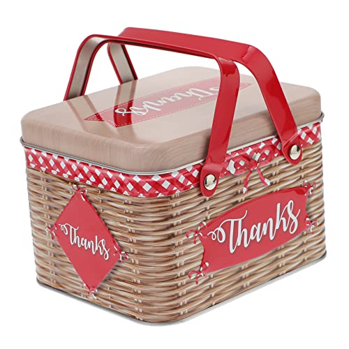 FUNOMOCYA 1Pc Creative Tinplate Candy Box with Handle Unique Cookie Jar for Snacks Imitation Rattan Design Birthdays and Weddings and Portable Storage