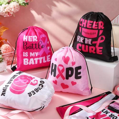 Amylove 48 Pcs Breast Cancer Awareness Drawstring Backpack 11.8'' Pink Ribbon Polyester Drawstring Bags Hope Fight Sport Gym Sack pack for Women Charity Events Party Gifts Travel Storage Accessories2