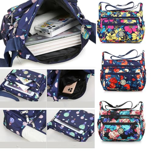 Women's Crossbody Bag Floral Print Multi-Pocket Nylon Handbag, Lightweight Shoulder Purse for Travel Daily Work, Gift for Birthday Mother’s Day Valentine’s4