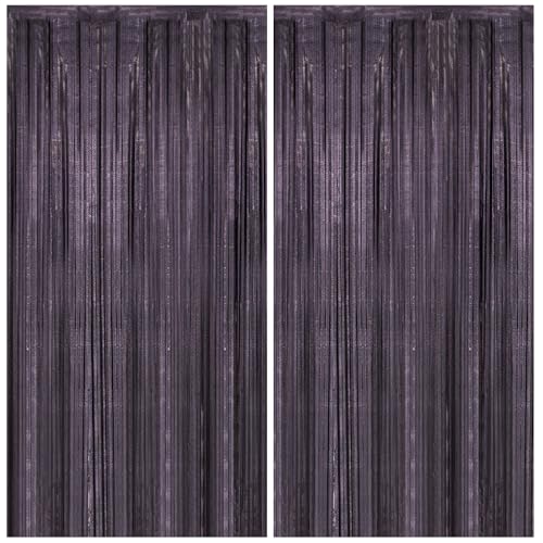 Image of 2 Pack 3.3 x 8.2 ft Tinsel Foil Fringe Curtain Backdrop, Upgraded Black Glitter Metallic Streamers Backdrop Curtains for Birthday, Graduation Prom, Halloween, Hoilday Themed Party Decorations