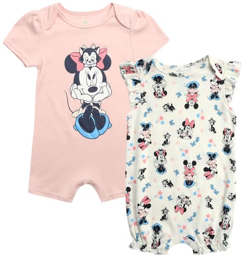 Image of Disney Baby Girls Romper - 2 Pack Ruffled Short Sleeve Baby Jumpsuit Romper - Cozy Baby Clothes for Girls (Newborn/Infant)