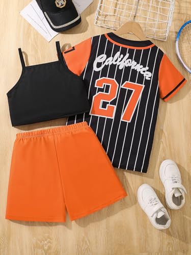 Image of Hilinker Girls Graphic 3 Piece Outfits Short Sleeve Striped Cardigan and Crop Cami with Shorts Set