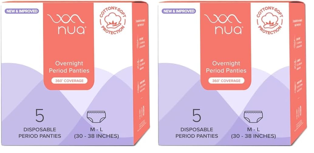 Nua Overnight Period Panties for Women | 360 Degree Coverage | for Heavy Flow | Unscented | 5 Disposable Period Panties | Medium-Large | Upto 0% Leakage (Pack of 2)