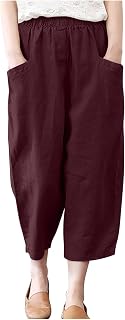 Linen Pants for Women Capri Baggy Lounge Pant with Pockets Cotton Solid Color Long Pant Wide Leg Palazzo Pants