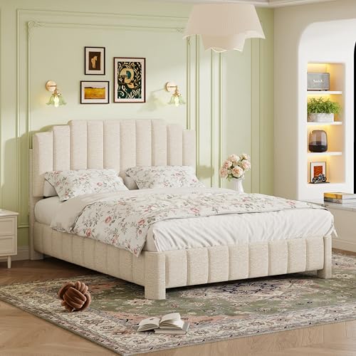 HDDDZSW Queen Bed Frame with Adjustable Headboard, Boucle Queen Size Bed Frame Upholstered Platform Bed Frame, Solid Wood Slats Support Beige Bed Frame for Bedroom, No Box Spring Needed