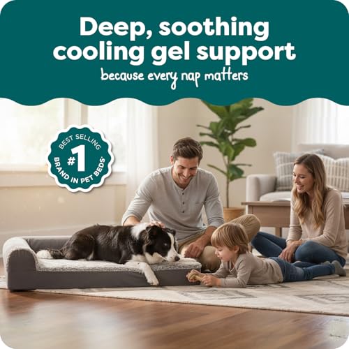 Image of FurHaven Cooling Gel Dog Bed for Medium & Large Dogs, L-Shaped Chaise with Cool Gel-Top Foam with a Solid Orthopedic Foam Base for Joint Support, Washable Cover, Large, Plush & Suede, Stone Gray