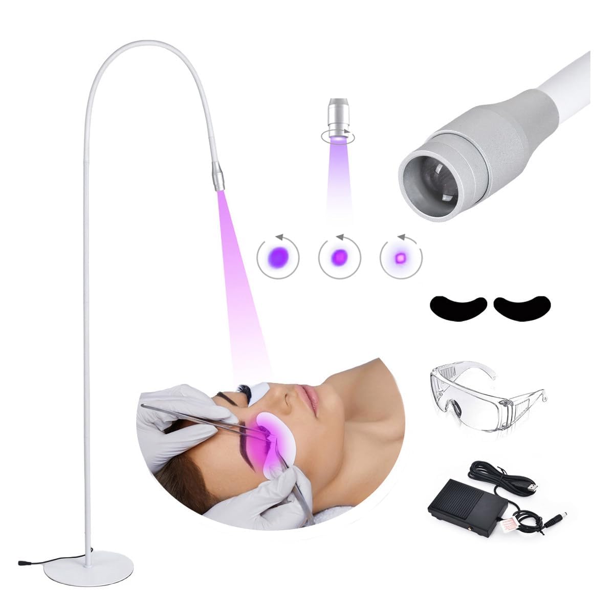 Lampada Uv Per Polimerizzazione Colla, Lampada Per Estensione Ciglia Uv Led + Benda Sull'Occhio + Occhiali + Interruttore A Pedale, Dimensione Spot Regolabile,Colla Polimerizza In 1-3 Secondi,White