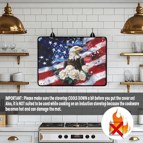 Image of 4th of July Gas Burners Top Covers, American Flag Eagle, Soft Extra Large Stove Top Cover for Electric Non-Slip Rubber Base Surface Heart Resistant Oven Cover Mat 30x21 Inch