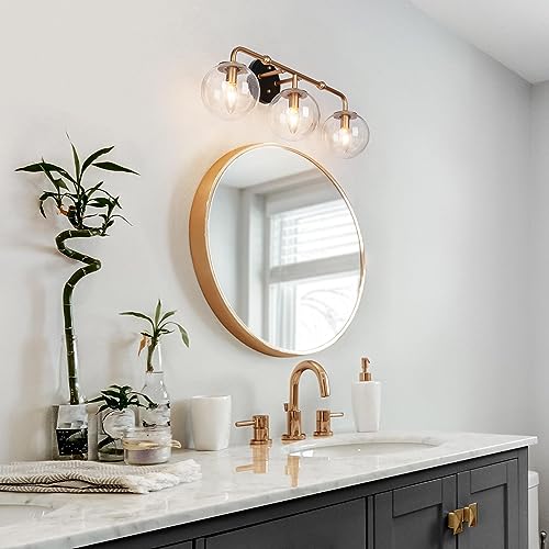 Image of classy leaves Black Gold Bathroom Light Fixtures, 3-Light Vanity Lights for Bathroom with Seeded Glass Globes, Modern Bathroom Vanity Light Fixtures Over Mirror