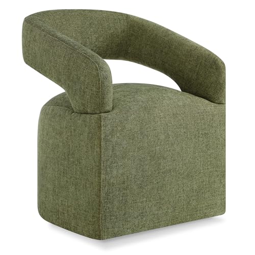 Image of KISLOT Upholstered Dining Chairs Set of 1, Modern Rolling Dining Chairs with Hidden Casters, Arm Kitchen Chairs with Linen Look Fabric, Padded Barrel Chairs for Dining Room, Kitchen, Bedroom, Green