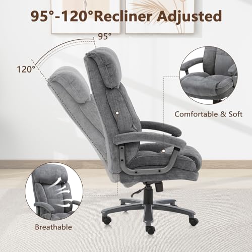 CLATINA Ergonomic Big and Tall Executive Office Chair with Upholstered Swivel 800lbs High Capacity Adjustable Height Thick Padding Headrest and Armrest for Home Office Grey