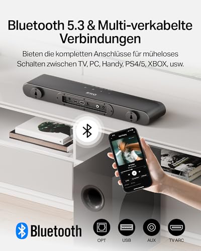 OXS S21 2.1-Kanal Soundbar mit Subwoofer, Präzisionssound mit tiefen Bässen, 180 W Leistung, 3 EQ-Modi, für Heimkino/Musik/Spiel, für TV, PC, Xbox, PS4/5, Telefon, Ultrakompakt, Einfache Einrichtung - 3
