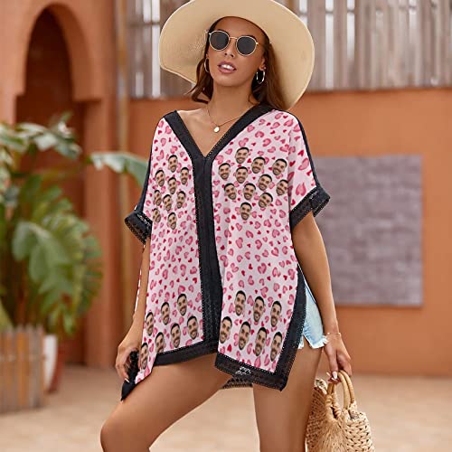 Personalized Women's Flowy Beach Kimono Custom Face Photo Long Bikini Cover Up Funny Swimsuit Open Front Cardigan3