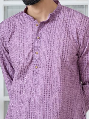 Image of See Designs Men's Full Sleeve Mandarin Collar Sequins Embroidered Straight Long Kurta - Festive Collection