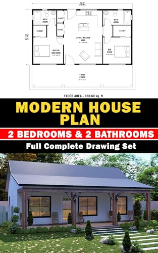 Modern 2 Bedroom & 2 bath room tiny House plan with 860 square feet : Full Complete Drawing Set